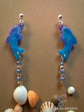 Resin Dolphin Earrings with Iridescent Bead Drop | Y2K Beachy